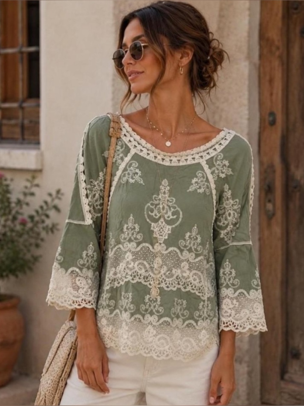 Democracy Sage Green Lace-Trim Peasant Tunic